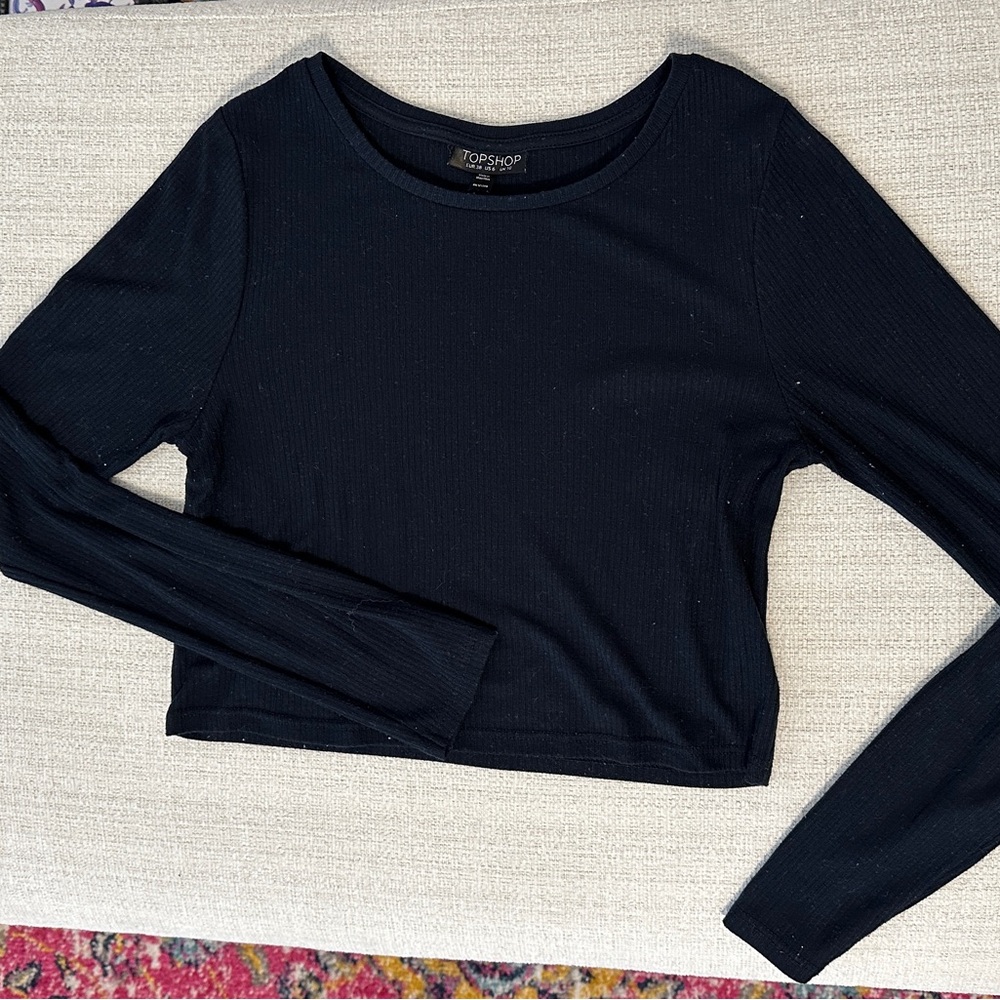 Navy Topshop Long Sleeve Ribbed Crop Top